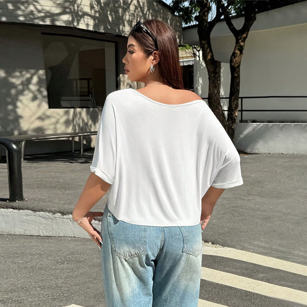 2025 Summer New Plus Size Womens Simple Casual Style T-shirt Round Neck Off Shoulder Half Sleeve Slimming Top