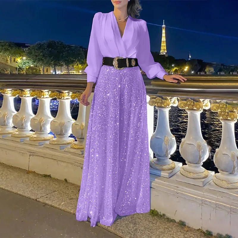 Plus-size fashionable V-neck long sleeve shirt temperament elegant sequins wide-legged onesie plus-size womens clothing 250515