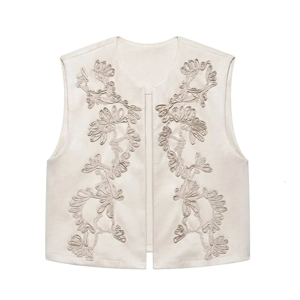 Wine Red White Brown Three Color Round Neck Sleeveless Embroidery n Women Open Stitch Suede Texture Vest Coat ZATT 2025 250506