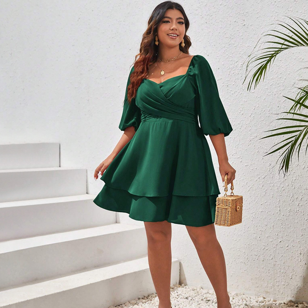 Large Size Womens Square Neck Flared Sleeve Dress with Sweet and Elegant Summer Style A-line Green Short Skirt