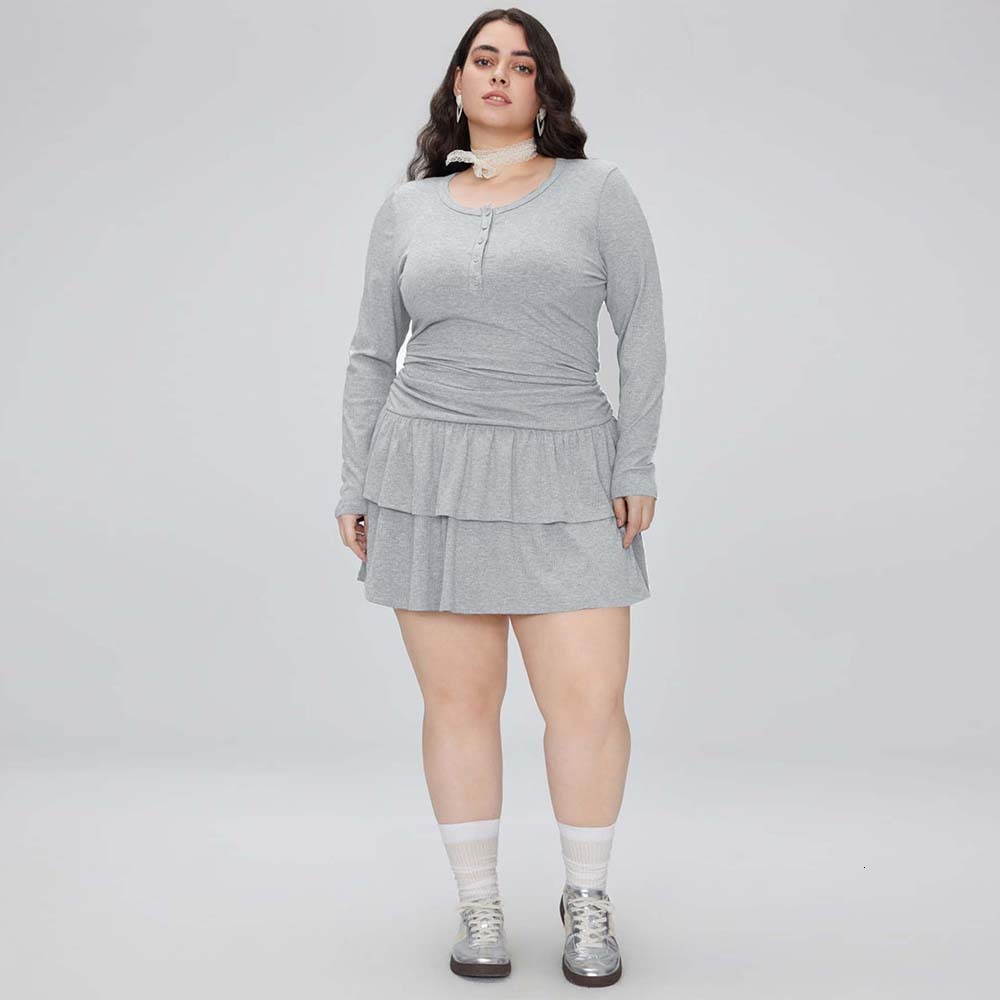 Autumn and Winter New Plus Size Womens Round Neck Dress Simple Long Sleeved A-line Short Skirt