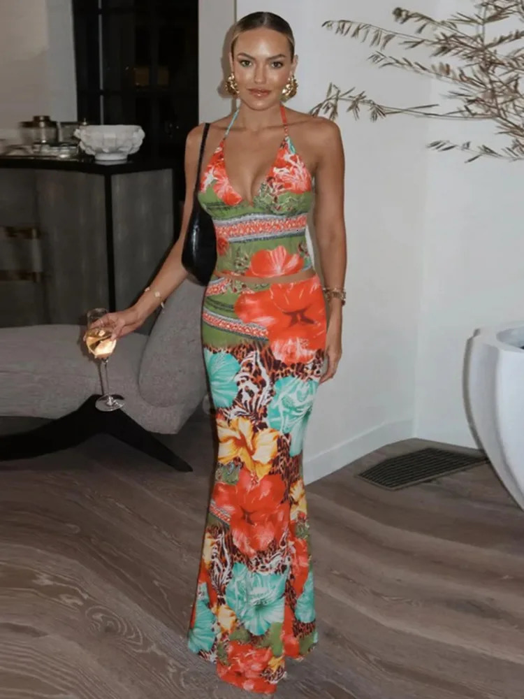 Mozision Leopard Print Sexy 2 Piece Sets Women Summer Fashion Lace-up Halter Crop Tops And Maxi Skirt Female Party Two Piece Set 250516