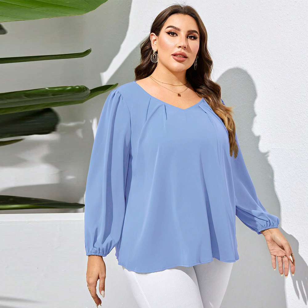 Large Size Womens Clothing Autumn and Winter V-neck Loose Casual Bubble Sleeve Temperament Shirt Womens Top