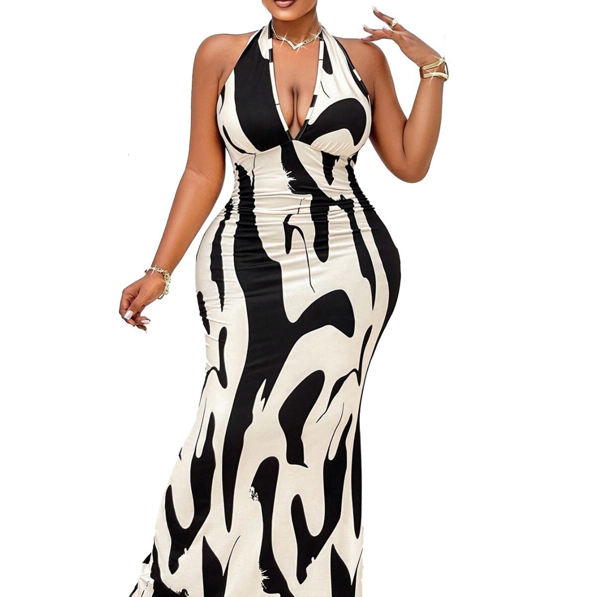 2025 Plus Size Womens Spring and Summer New Sexy Hanging Neck Cow Patterned Dress V-neck Backless Long Skirt