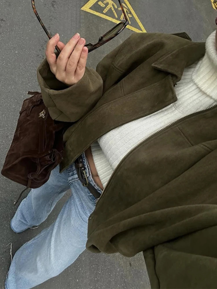 Fashion Women Green Suede Jacket 2025 Spring Lapel Long Sleeve Zipper Oversize Bomber Coat Chic Female High Street Outerwear 250515