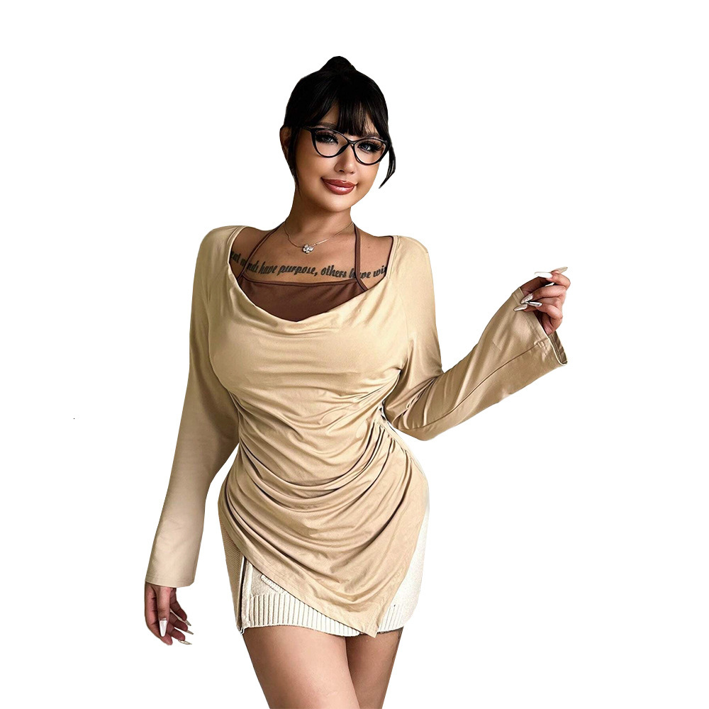 Plus Size Womens American Pure Desire T-shirt Autumn and Winter Sexy Slim Fit and Slimming Loose Neck Top