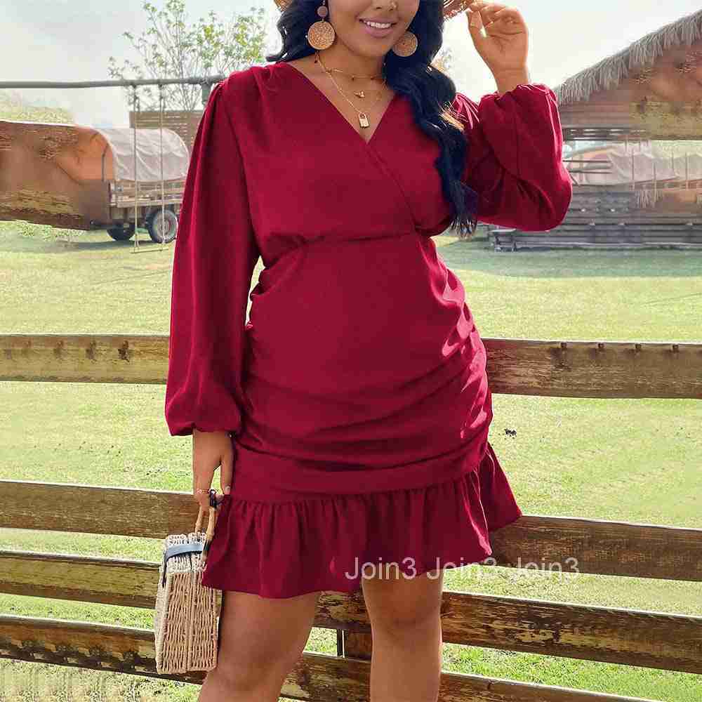 Large Size Womens Clothing with Intellectual Style Wine Red Dress Autumn and Winter Elegant Temperament Pleated Short Skirt