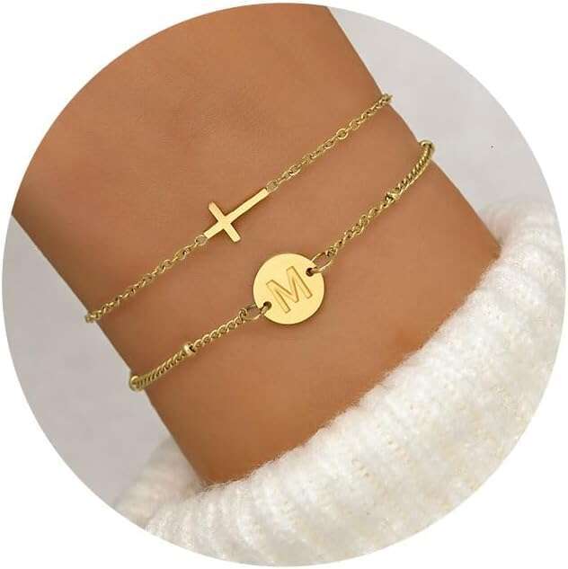 Valentine's Day Exquisite Gold Plated Layered Beaded Initial Plate Letter Faith Cross Bracelet Christian Women's Religious Jewelry Gift