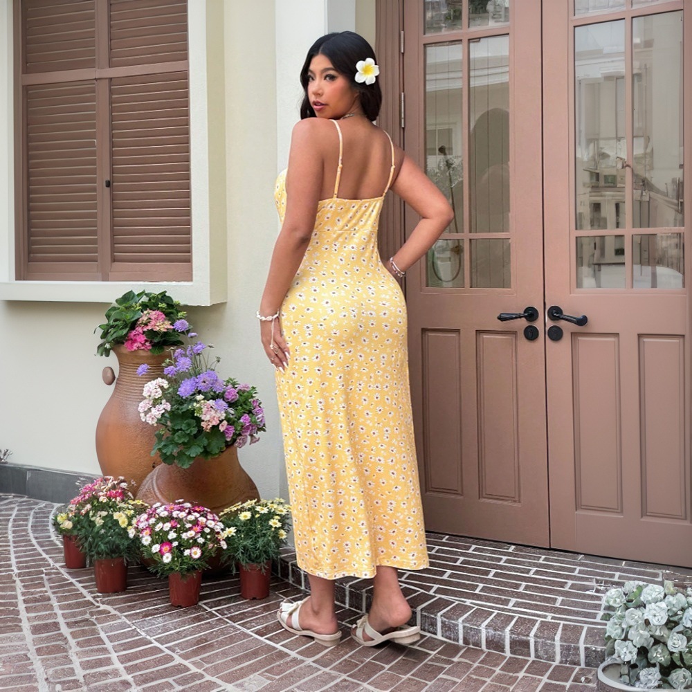 Plus Size Womens Sweet and Fresh Style Dress Summer New Style Suspender Temperament Slit Long Skirt