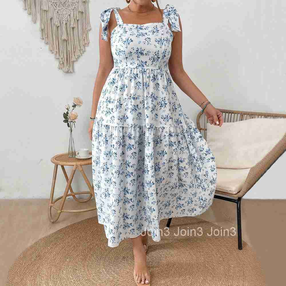Large Size Womens Camisole Style Mid Length Skirt with Waist Cinching and Oversized Swing Printed Vacation Dress