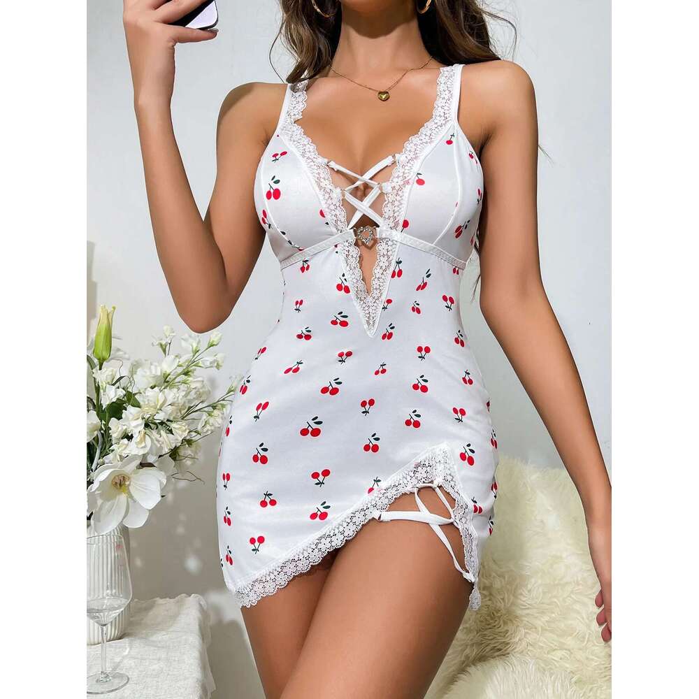 Sexy Cherry Print Nightgown Women's Lace Trim Lingerie Criss Cross Cami Mini Dress Cute Bodycon Chemise Trendy Nightwear New