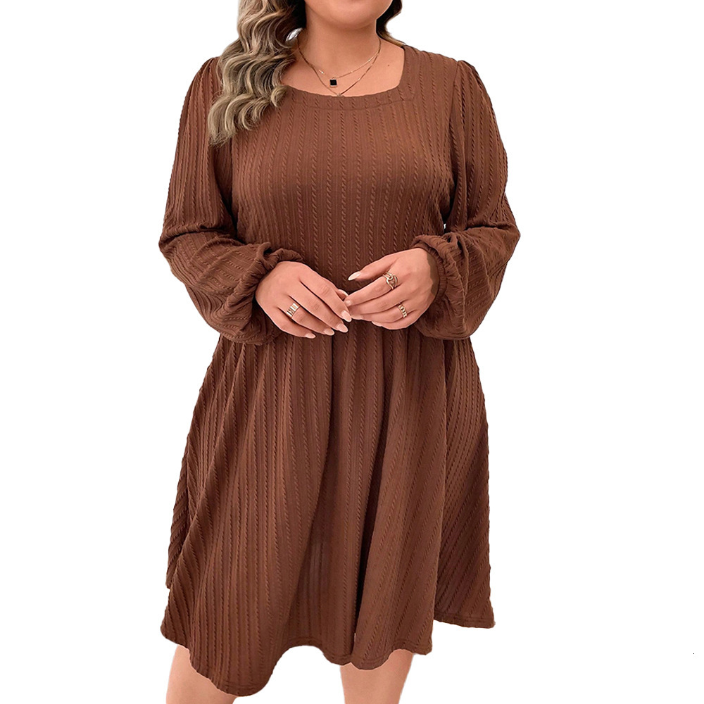 Large Size Womens Autumn and Winter Square Neck Waist Slimming High Waisted A-line Skirt Texture Dress