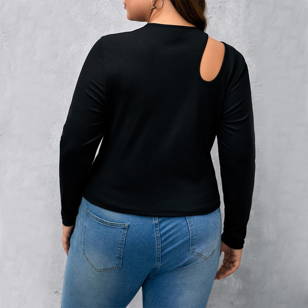 Large Size Womens Black Threaded Knitted Sweater with Round Neck and Long Sleeved Base Slim Fit with Hollowed Out Top Inside