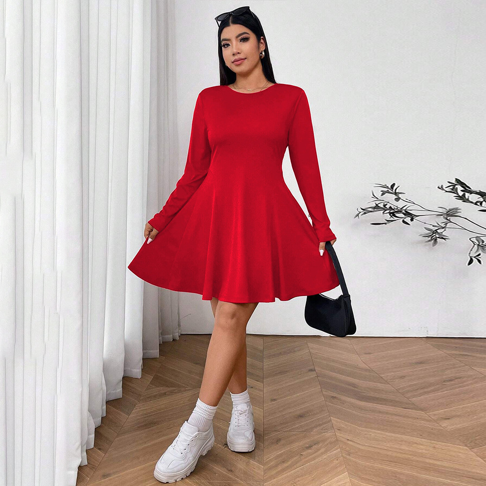 Large Size Womens Simple and Pure Red Dress Autumn and Winter High Waist Slim Fit Mid Length Skirt