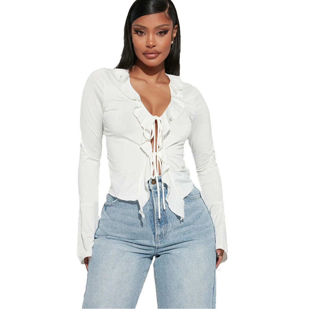 Large Size Womens Unique Sexy T-shirt Autumn and Winter Tie Cardigan Short Design Sense Top