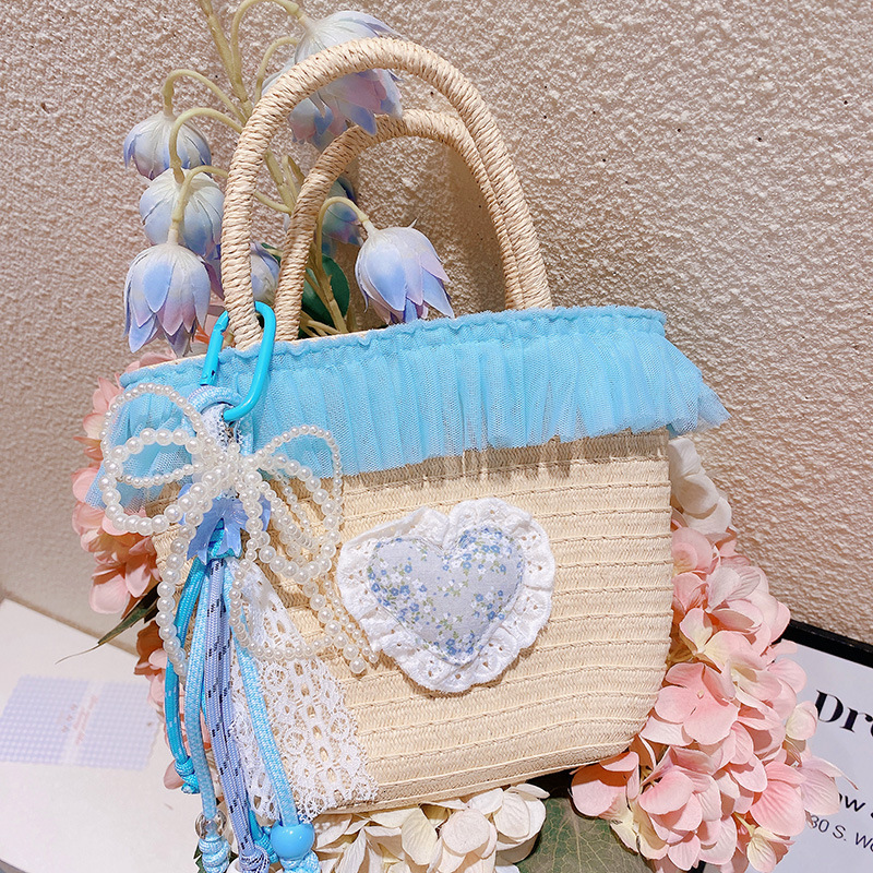 2025S designer ocean blue lace woven women beach vacation style handbag bucket bag