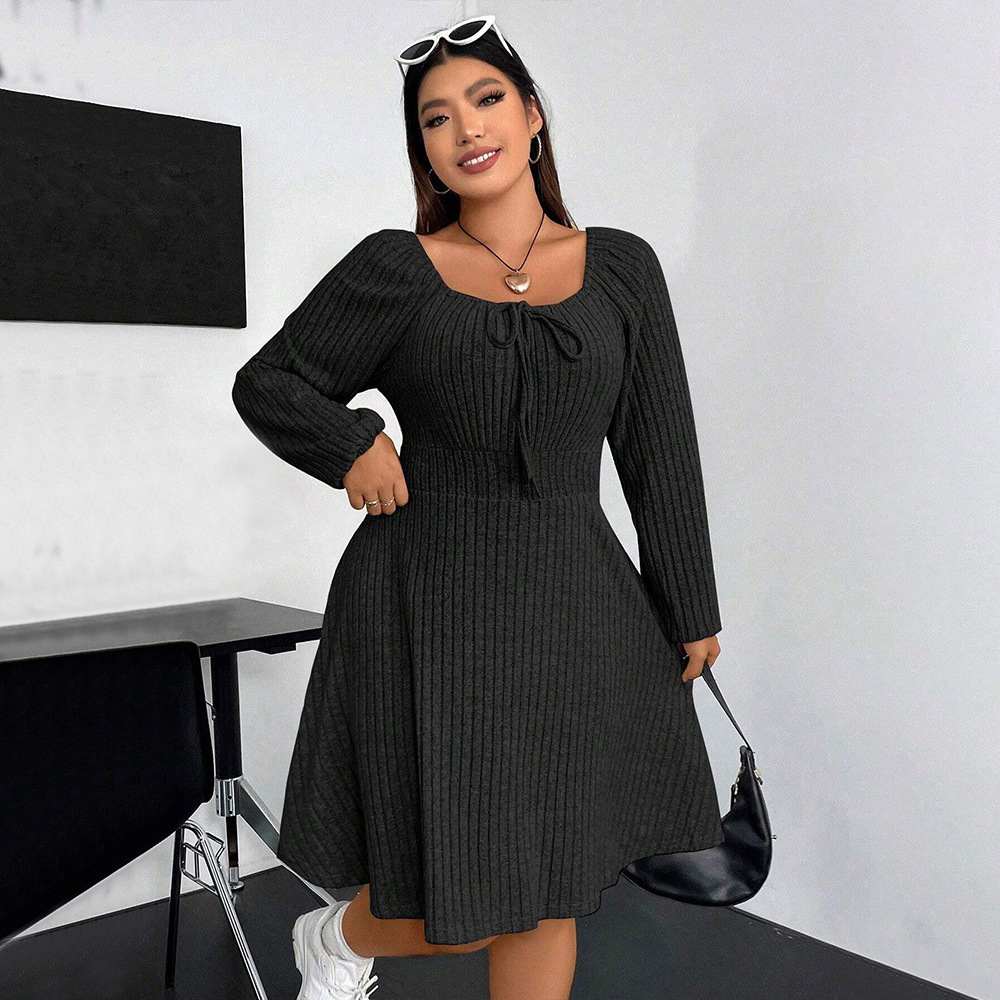 Autumn and Winter New Plus Size Womens Square Neck Long Sleeved Waist Cinched Mini Fleece Pit Stripe Dress