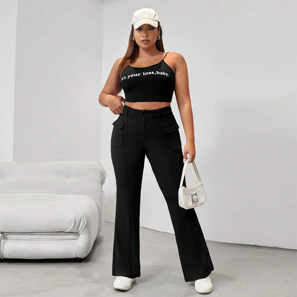 Large Size Womens Clothing Ins Street Spicy Style Flip Pocket Slimming Bell Bottom Pants Long Pants