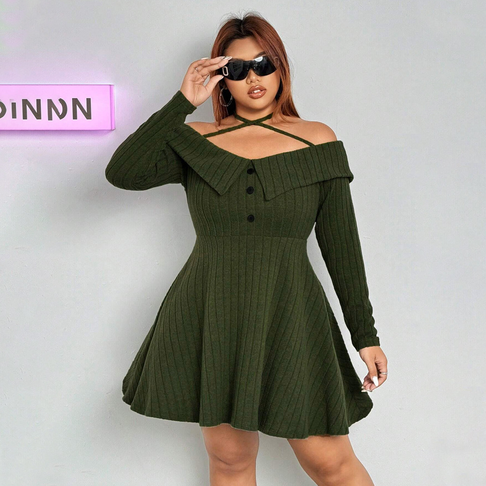 Oversized Womens Instagram Sexy Trendy Dress Autumn and Winter Hanging Neck Off Shoulder Design Short Skirt