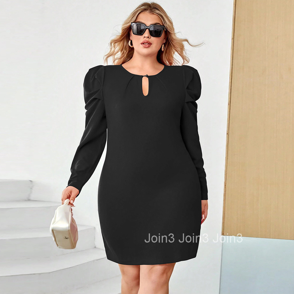 Large Size Womens 24 Sexy Hollow Waist Bag Hip A-line Skirt with Sheep Leg Sleeves Stylish Dress with Temperament