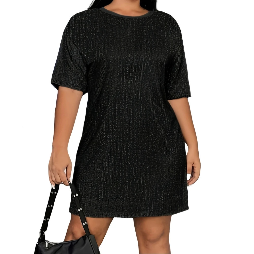 Plus Size Womens Sequined Dress Casual Round Neck Short Sleeve Knitted Polyester A-line Loose Fit Solid Color Mid-length 250515