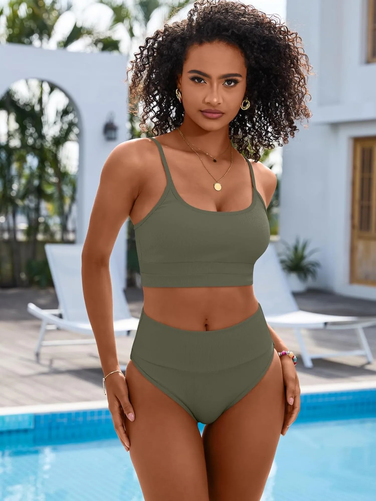 Bikini Sets for Women 2 Piece High Waisted Tummy Control Color Block Summer Beach Swimsuit Ribbed Swim Bathing Suit 250515