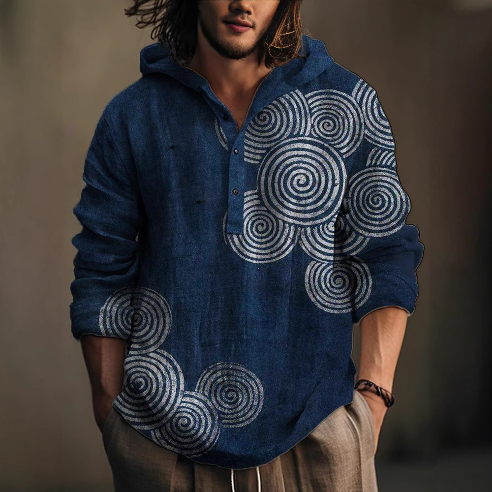 2025 New Compass 3D Digital Printed Men's Hooded Half Open 4-Button Long Sleeve Shirt