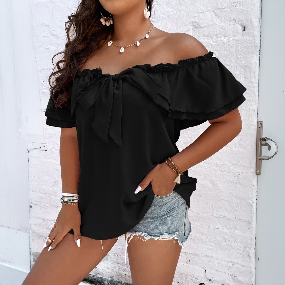 Large Womens Versatile Commuting T-shirt for Spring/summer 2025 New One Word Collar Bow Top