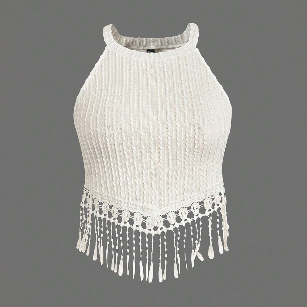 2025 Womens Spring/summer New Elegant Tassel Tank Top Short Slimming and Slimming Exposed Umbilical Top