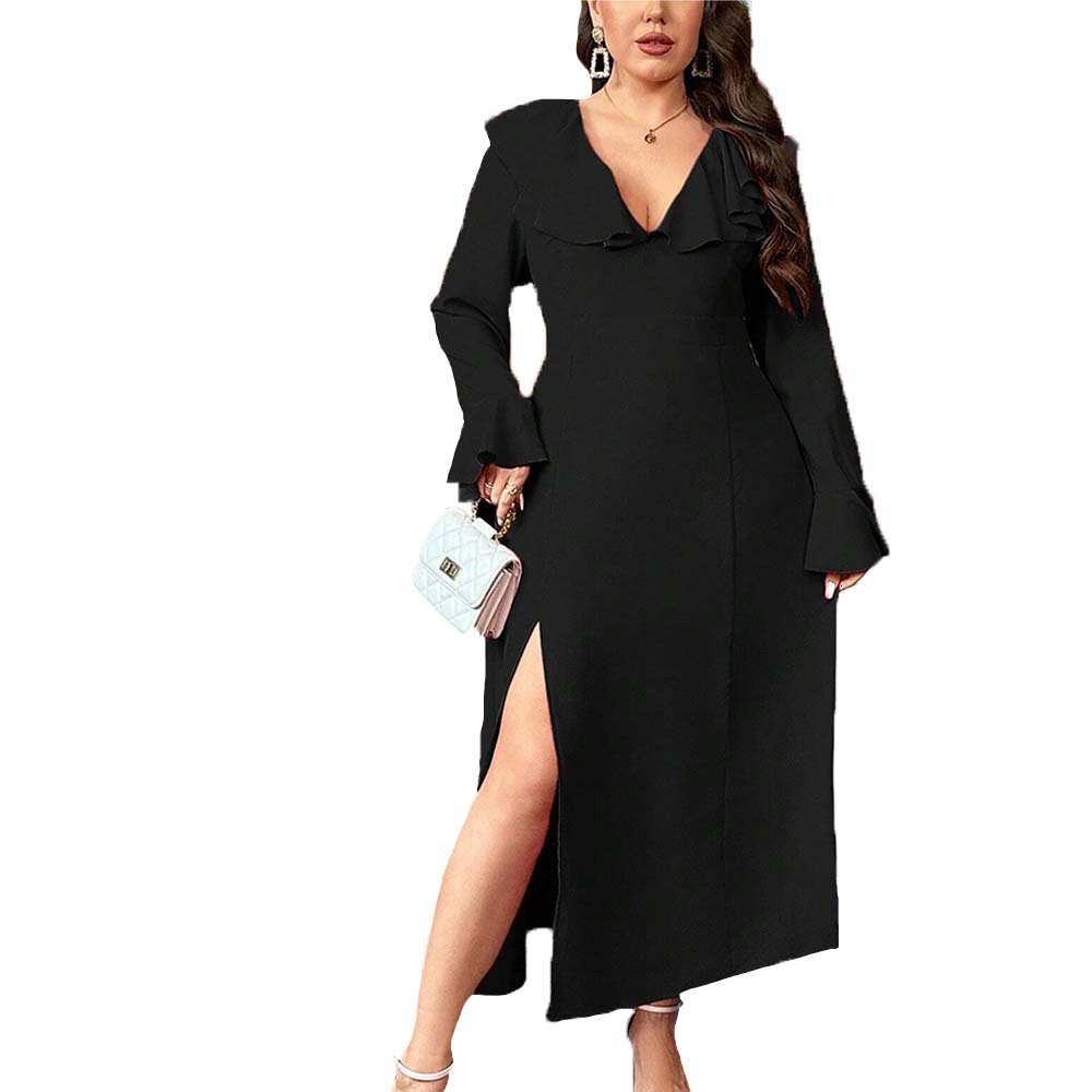 Womens Elegant and Intellectual Style Dress Autumn and Winter Ruffled Flared Sleeves High Waisted Mid Length Skirt