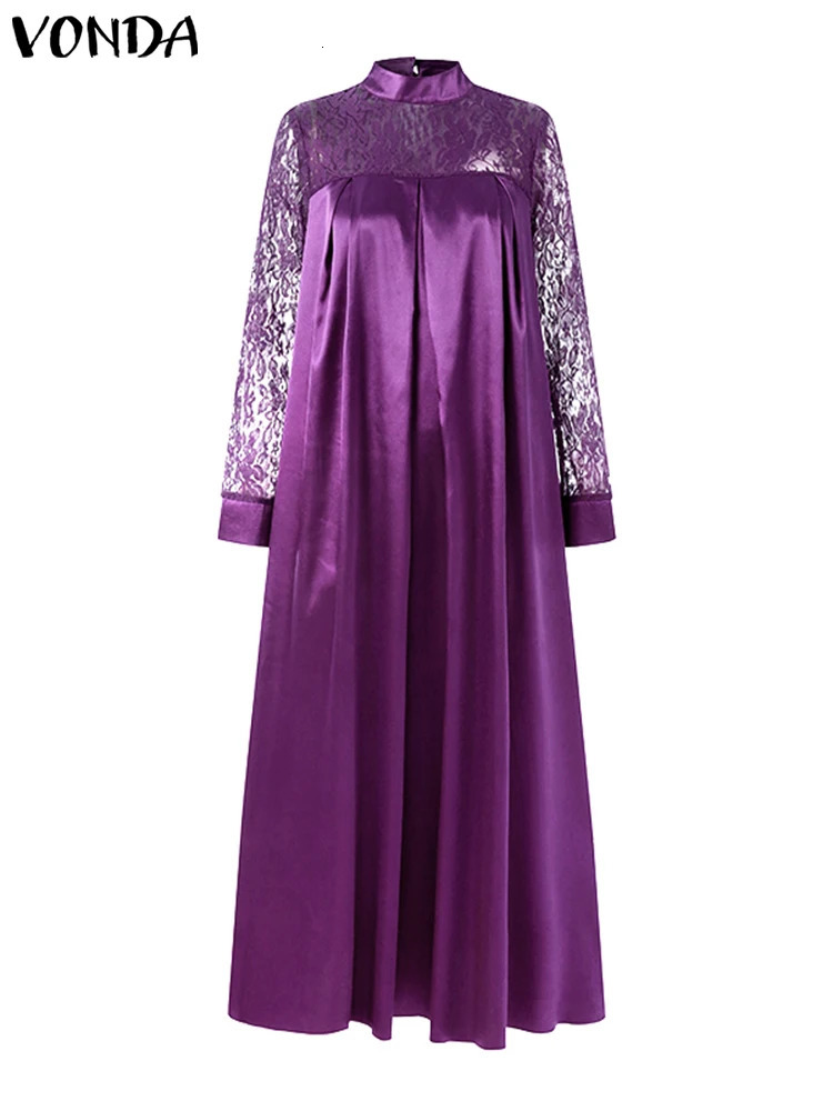 Plus Size 5XL VONDA Elegant Women Lace Patchwork Satin Maxi Dress 2025 Autumn Long Sleeve Stand Collar Long Dresses Casual Robe 250515