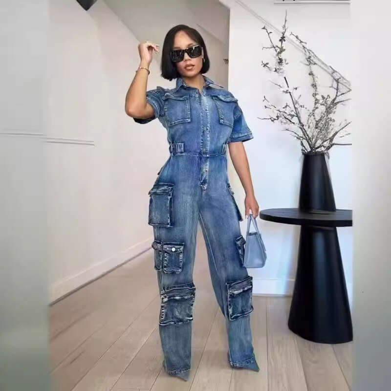 Wide Leg Jumpsuit New Women S Washed Water Work With Multiple Pockets And Button Denim Jumpsuit Short Sleeved Pants