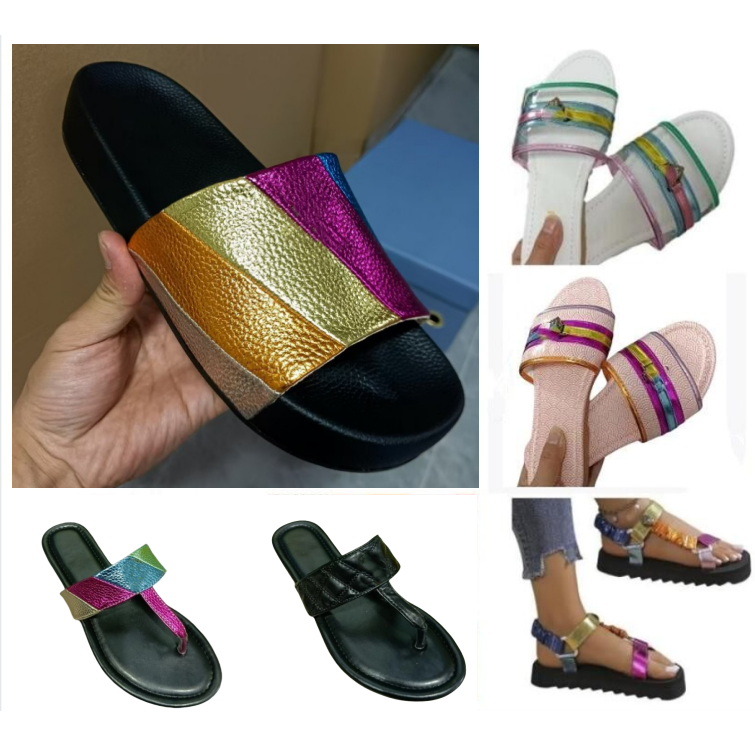 Women Flat Bottom Slippers Splice Rainbow Sandals Designer Shoes Fashion Eagle Head Inlaid Diamond Slipper Summer Flat Beach Luxury Flip Flops 36-43