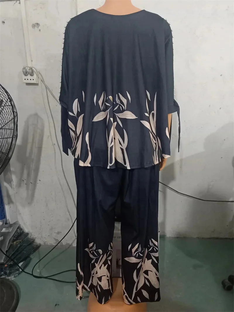 Plus size Two Piece Set Outfit Summer Fashion Plants Print Split Sleeve ONeck Top Straight Leg Pants Streetwear 250513Z