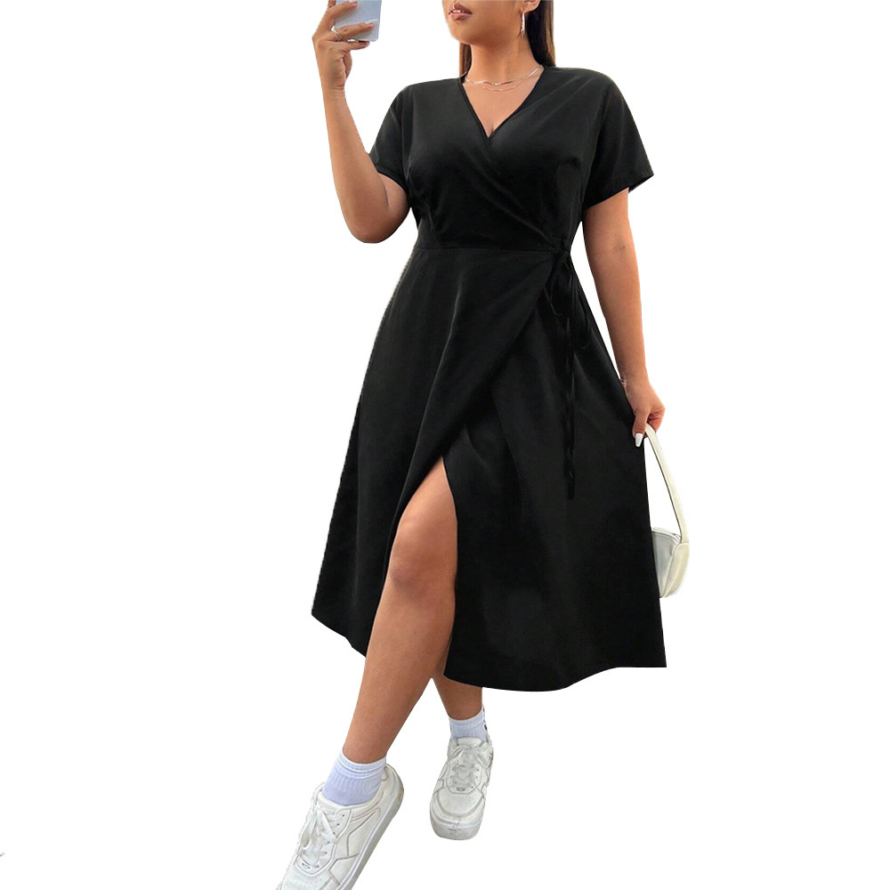Spring New V-neck Split Middle Long Dress Solid Color Slimming Temperament Short Sleeve Dress