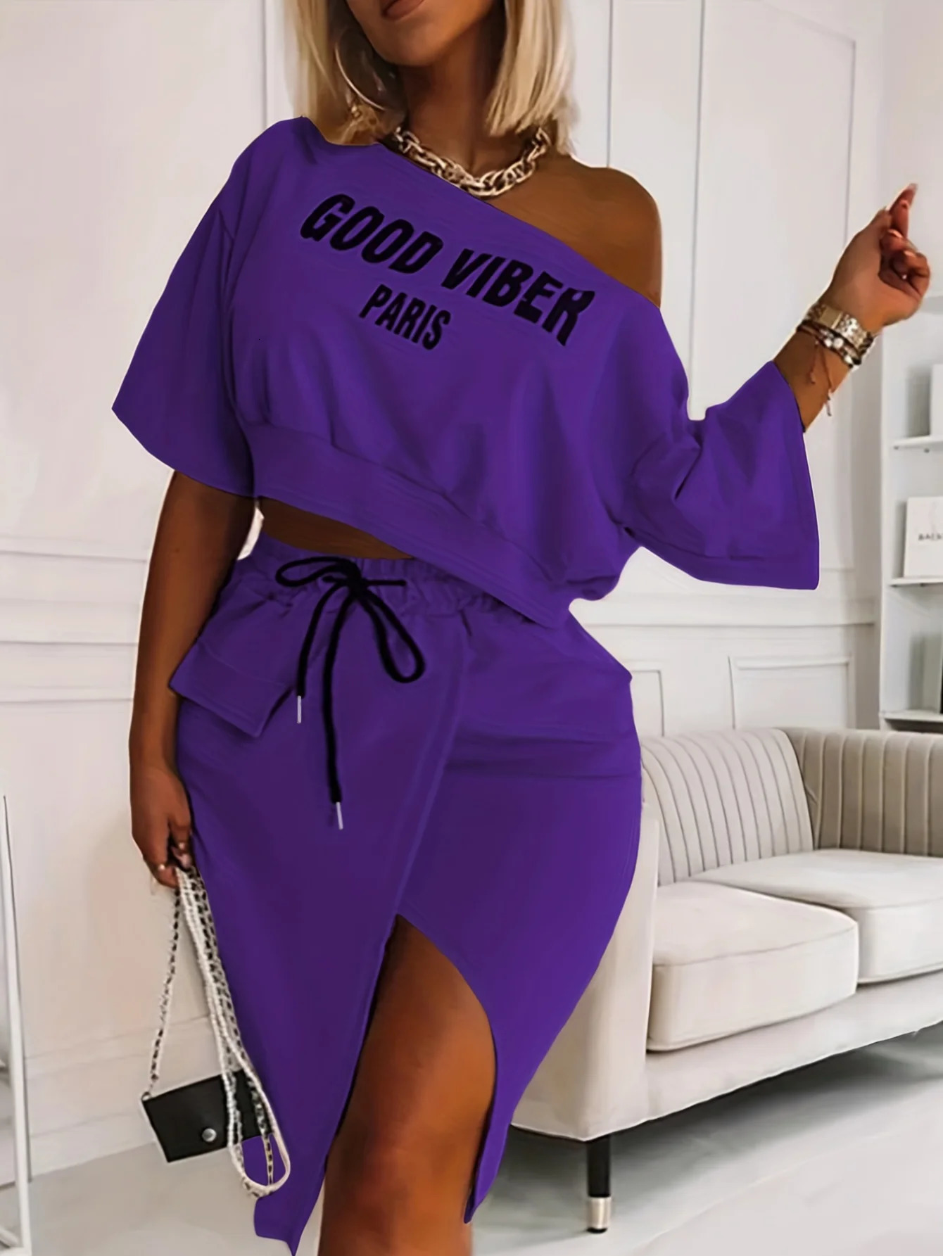 LW Plus Size Two Piece Good Viber One Shoulder Letter Print Set Crop TopHigh Split Skirt Elegant Matching Outfits For Women 250515