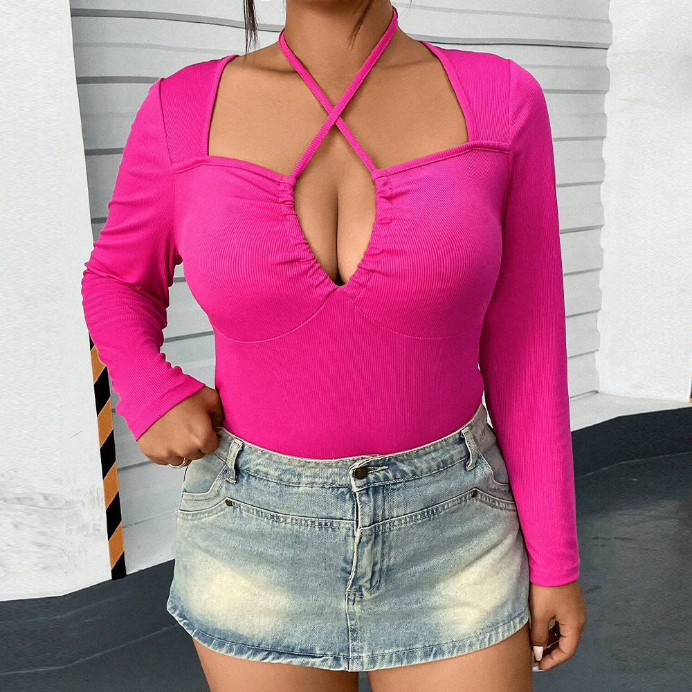 Womens Clothing Autumn and Winter New Style Sexy Hollow Hanging Neck Slim Fit Long Sleeved T-shirt American Ins Top