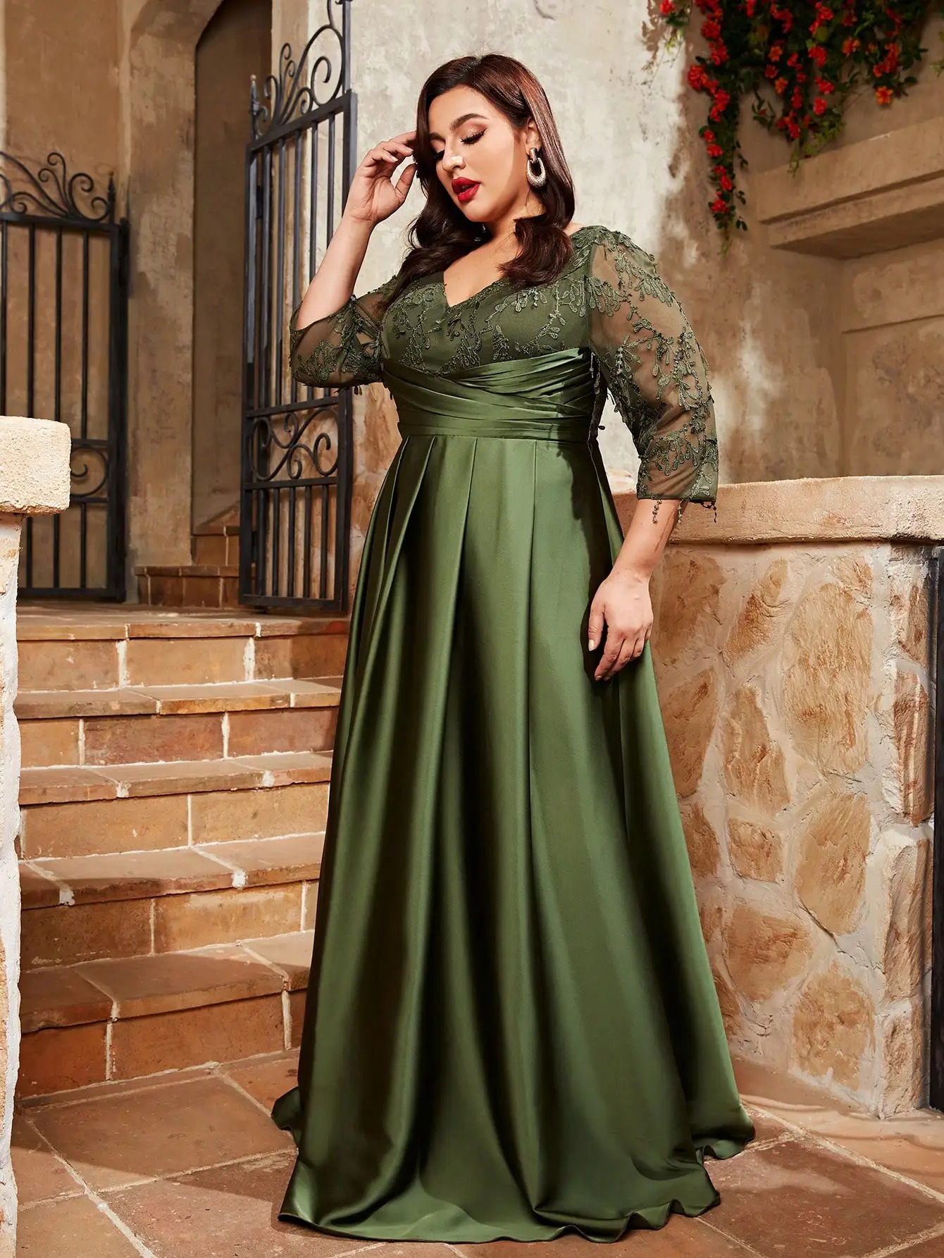 Mgiacy Plus Vneck Lace Embroidered Mosaic Satin Fabric Hand Folding Long Dress Evening Ball 250506