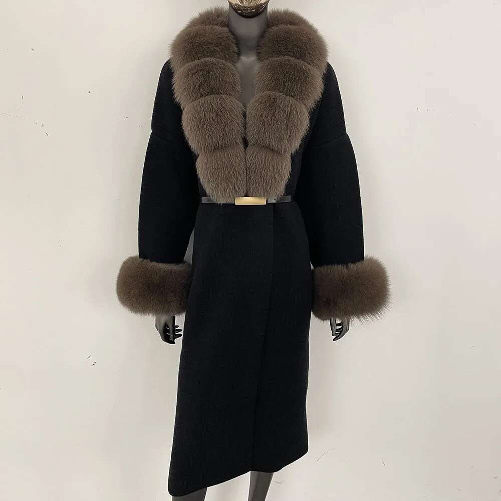 Long Knitwear Warm Belt Real Fox Jacket Female New Autumn Winter Kintted Natural Fur Coat Women