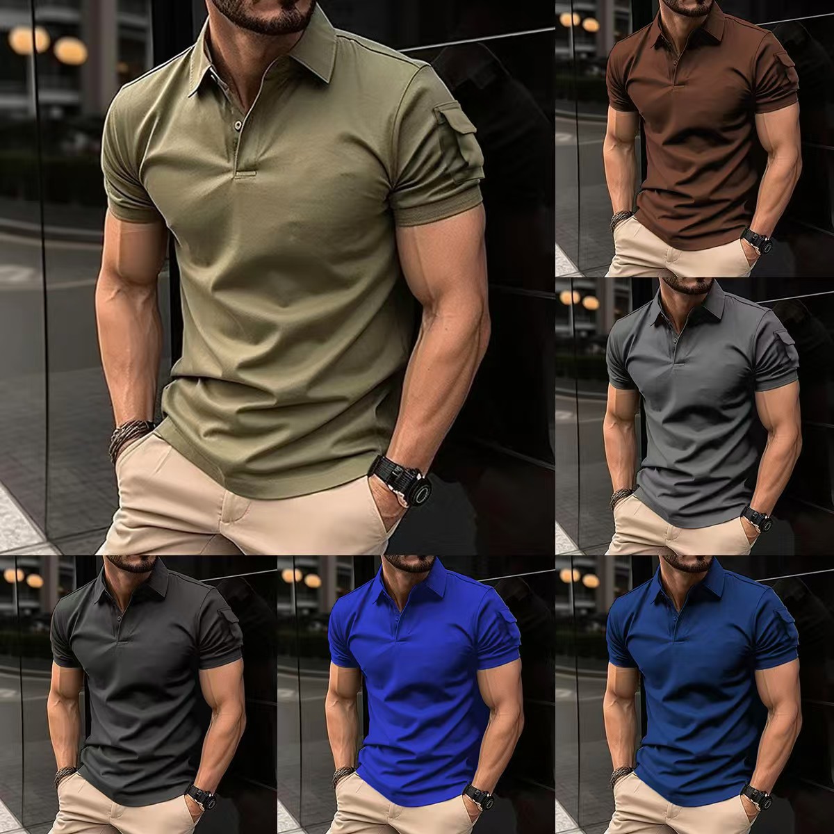 Men's Collared Button - up Polo Shirt with Arm Pocket, Sports Polo