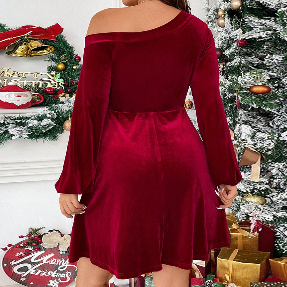 Oversized Womens Clothing Temperament Sexy Waistband A-line Dress Short Skirt One Shoulder Long Sleeved Velvet Dress