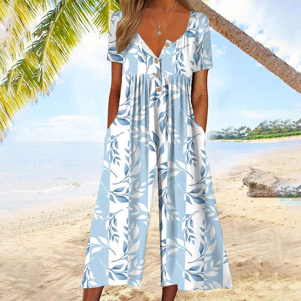 Wide Leg Jumpsuit New Women S Spring Summer Printed Pocket Button Jumpsuit