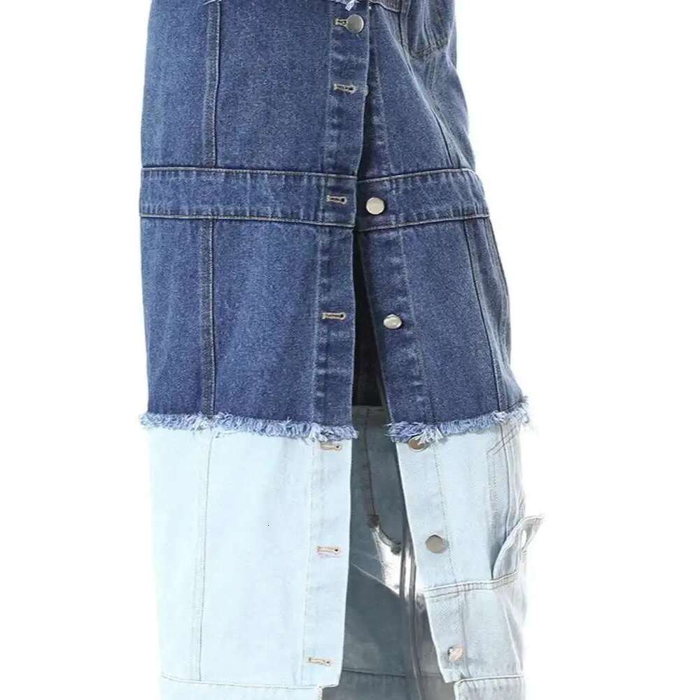 High Waist Blue Denim Fold Color-block Burr Casual Half-body Skirt Women Fashion Tide New Spring Autumn 7AB6481