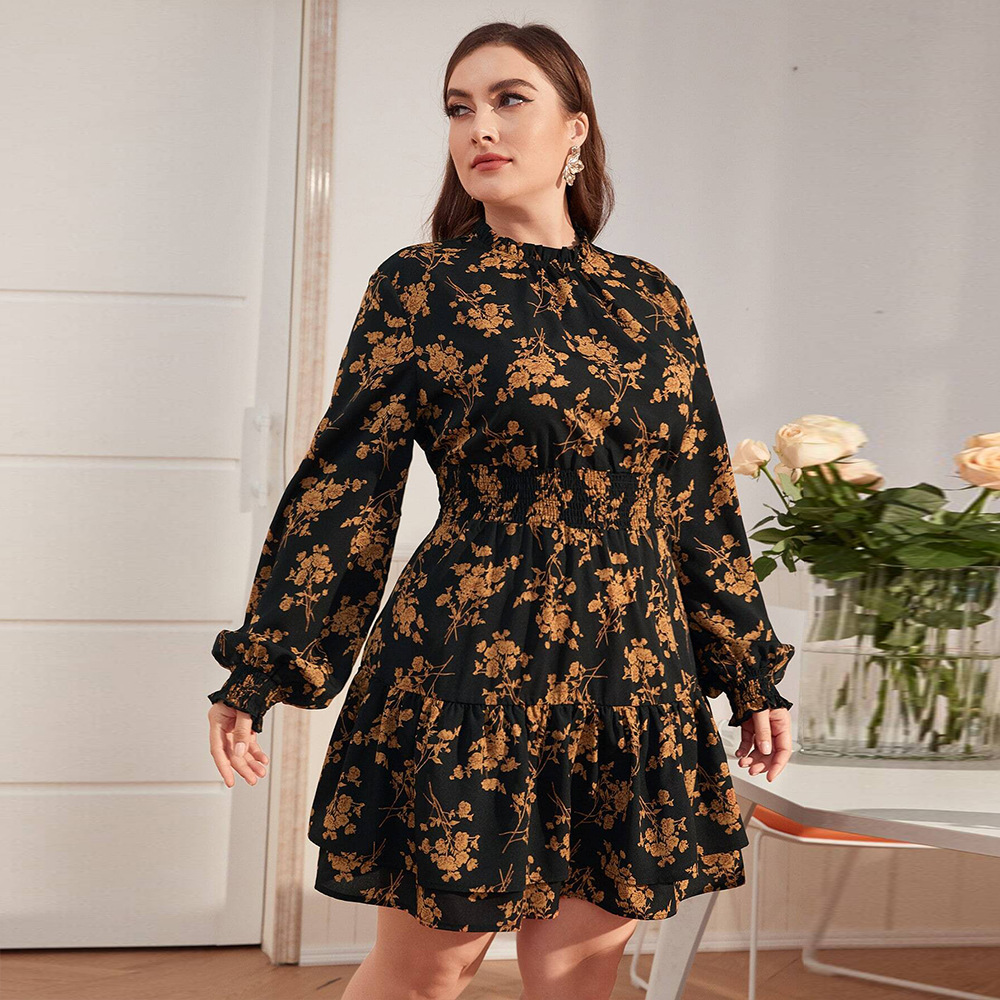 Plus Size Womens High Neck Bubble Sleeve Dress Autumn and Winter Elegant Ruffle Edge Floral Short Skirt