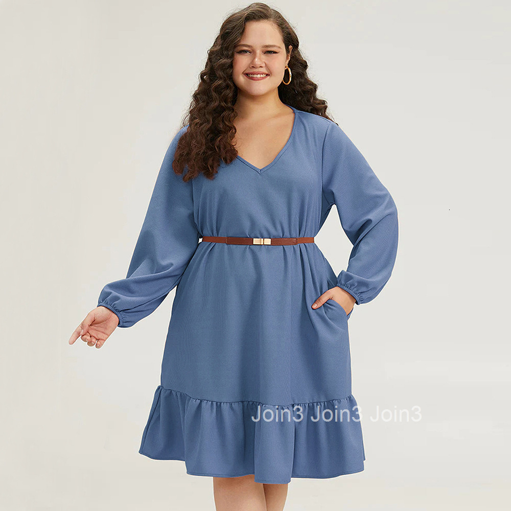 Large Size Womens Autumn and Winter Loose Casual Ruffle Edge V-neck Pocket Solid Color Temperament Dress