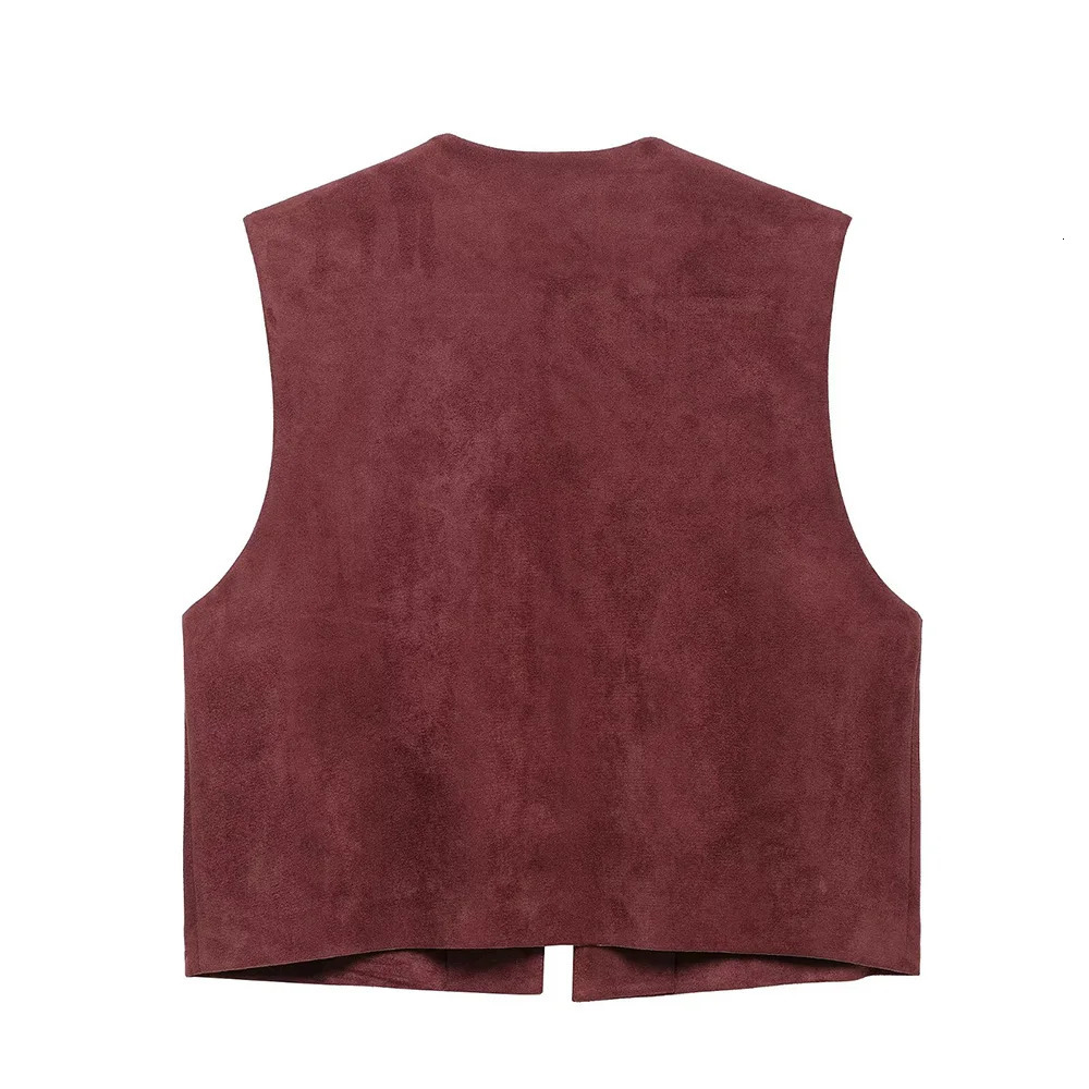 Wine Red White Brown Three Color Round Neck Sleeveless Embroidery n Women Open Stitch Suede Texture Vest Coat ZATT 2025 250506