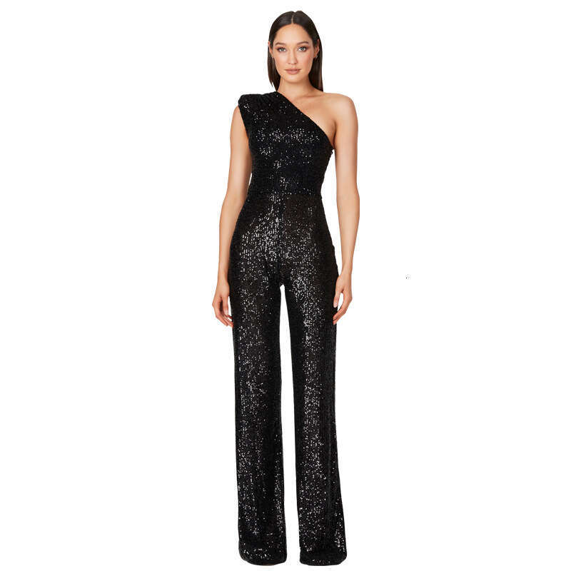 Wide Leg Jumpsuit INS Women S Sleeveless Summer Single Shoulder Sequined Jumpsuit For Women