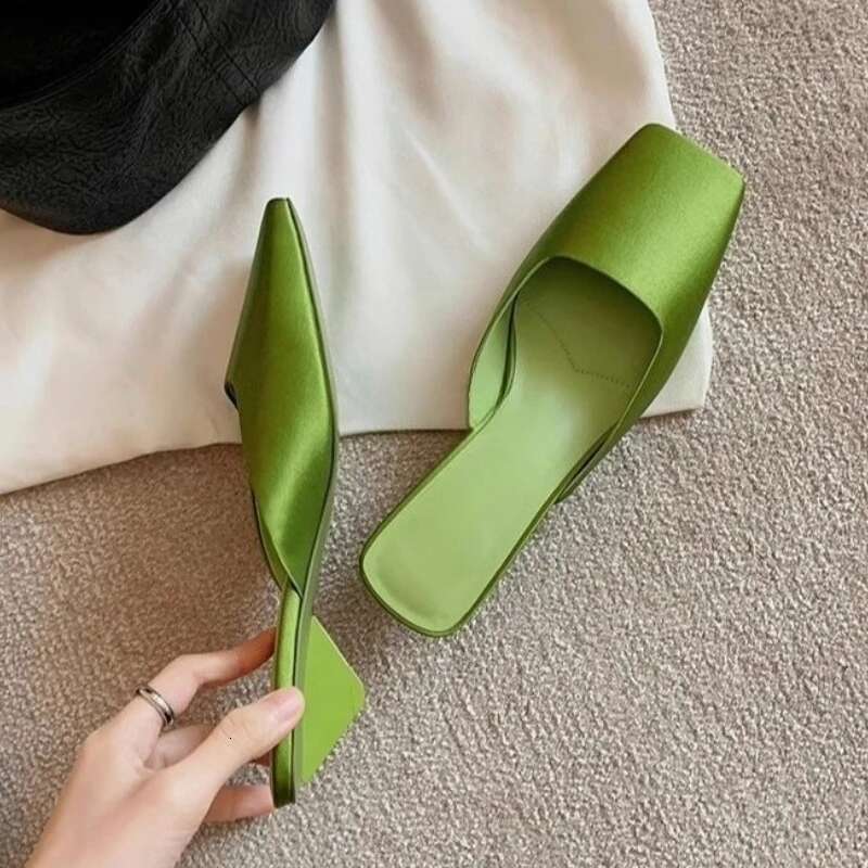 Modern Women Slippers French Square Head Light Mouth Satin Triangle Sandals Summer