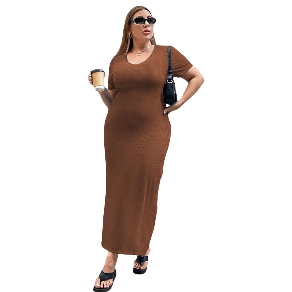 Large Size Womens Clothing New Style Temperament Waist Cinching Slit Short Sleeved Dress Hip Hugging Long Skirt