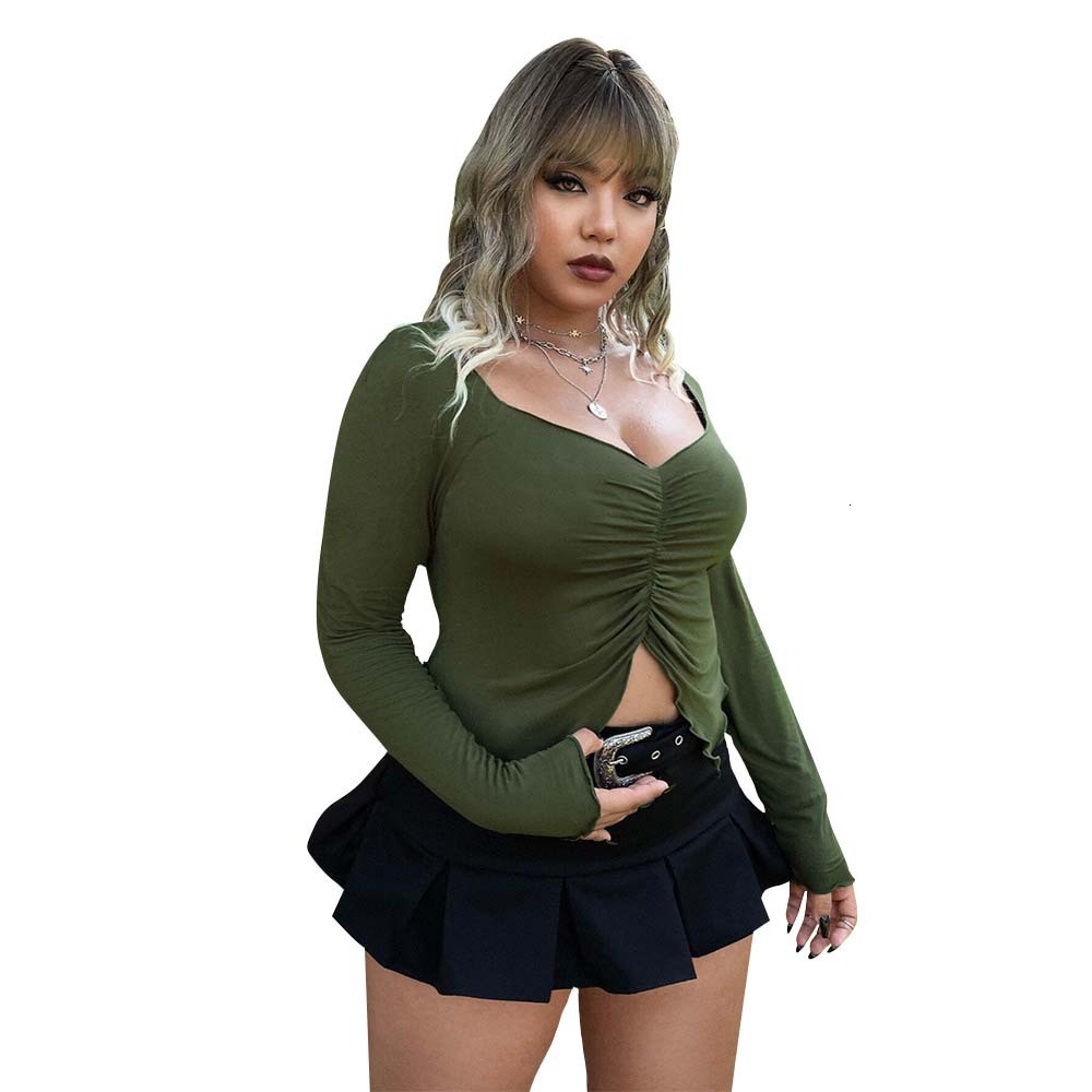 Womens V-neck Sexy Long Sleeved T-shirt Autumn and Winter Fashion Versatile Slim Fit Short Top